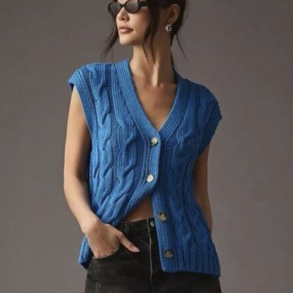 Anthropologie V-Neck Blue Cable Knit Sweater